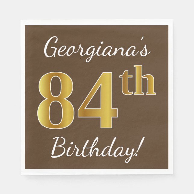 Brown, Faux Gold 84th Birthday + Custom Name Napkin (Front)