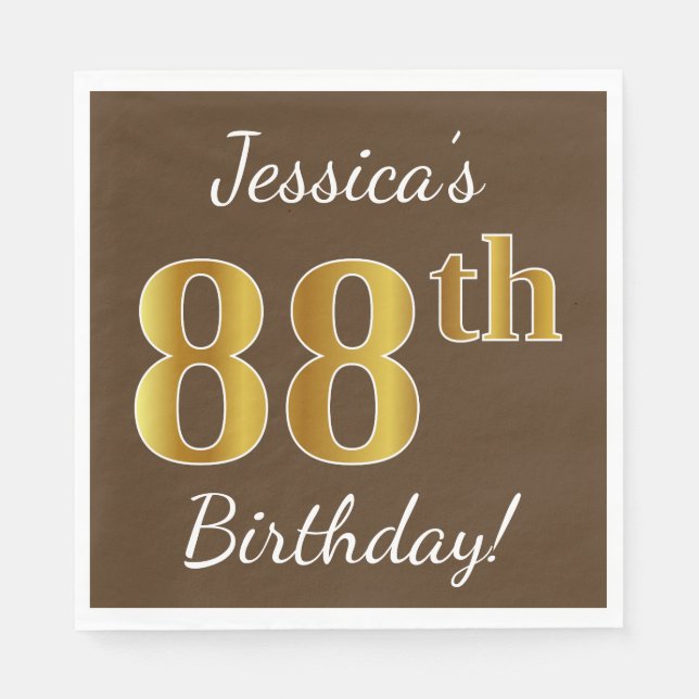 Brown, Faux Gold 88th Birthday + Custom Name Napkin (Front)