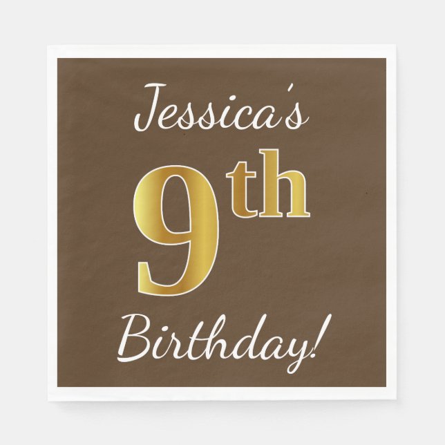 Brown, Faux Gold 9th Birthday + Custom Name Napkin (Front)