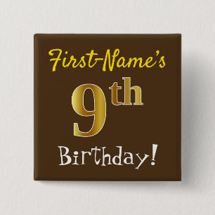 Brown, Faux Gold 9th Birthday, With Custom Name 2 Inch Square Button