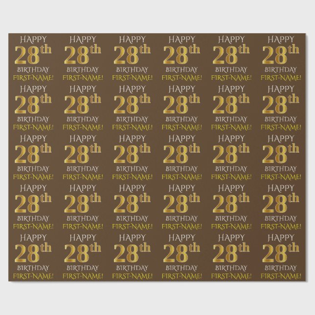 Brown, Faux Gold "HAPPY 28th BIRTHDAY" Wrapping Paper (Flat)