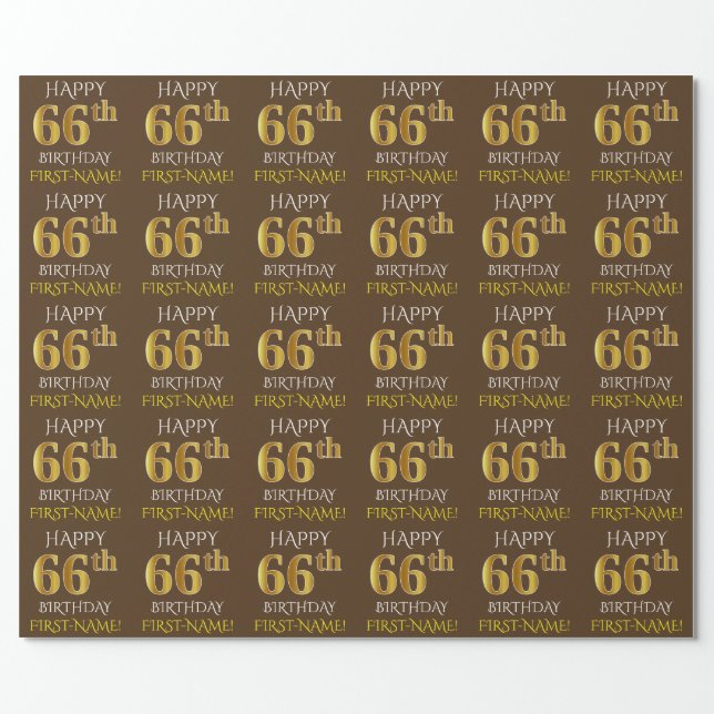 Brown, Faux Gold "HAPPY 66th BIRTHDAY" Wrapping Paper (Flat)