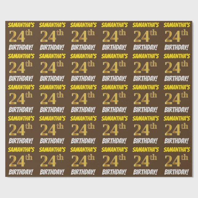 Brown, Faux/Imitation Gold, "24th BIRTHDAY" Wrapping Paper (Flat)