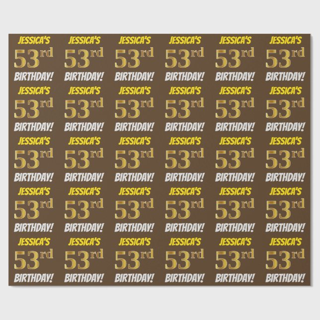Brown, Faux/Imitation Gold, "53rd BIRTHDAY" Wrapping Paper (Flat)