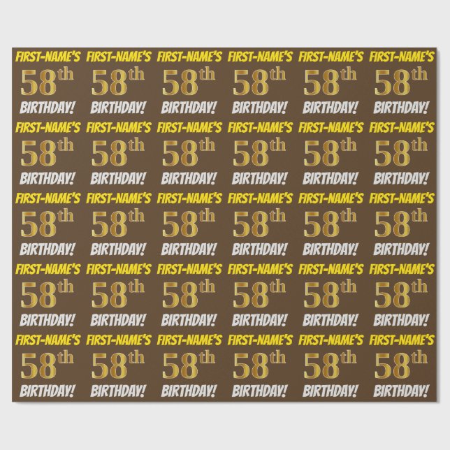 Brown, Faux/Imitation Gold, "58th BIRTHDAY" Wrapping Paper (Flat)