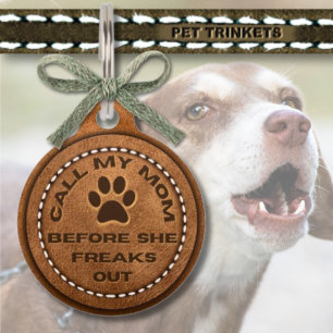 Brown Faux Leather Call My Mom Pawprint Dog Cat Pet Tag