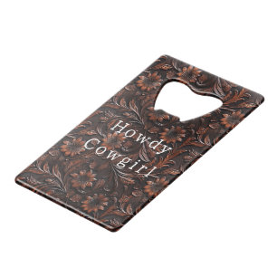 Brown Faux Leather Cowgirl Floral Credit Card Bottle Opener