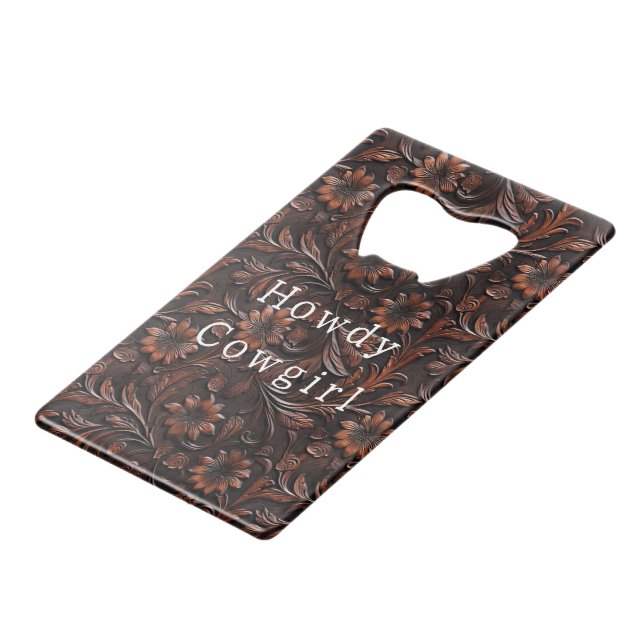 Brown Faux Leather Cowgirl Floral Credit Card Bottle Opener (Front Angled)