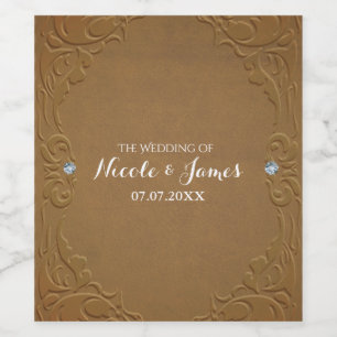 Brown Faux Leather & Diamonds Glam Rustic Wine Wine Label