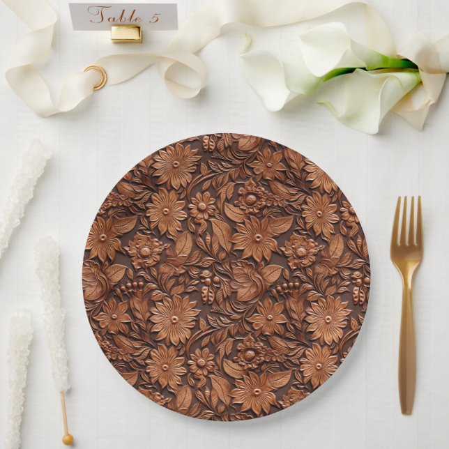 Brown Faux Leather Floral Paper Plate (Wedding)