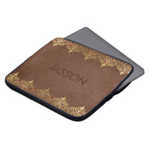 Brown Faux Leather Gold Lace Frame Laptop Sleeve