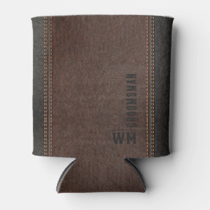 Brown Faux Leather Monogram Groomsman Gift Can Cooler
