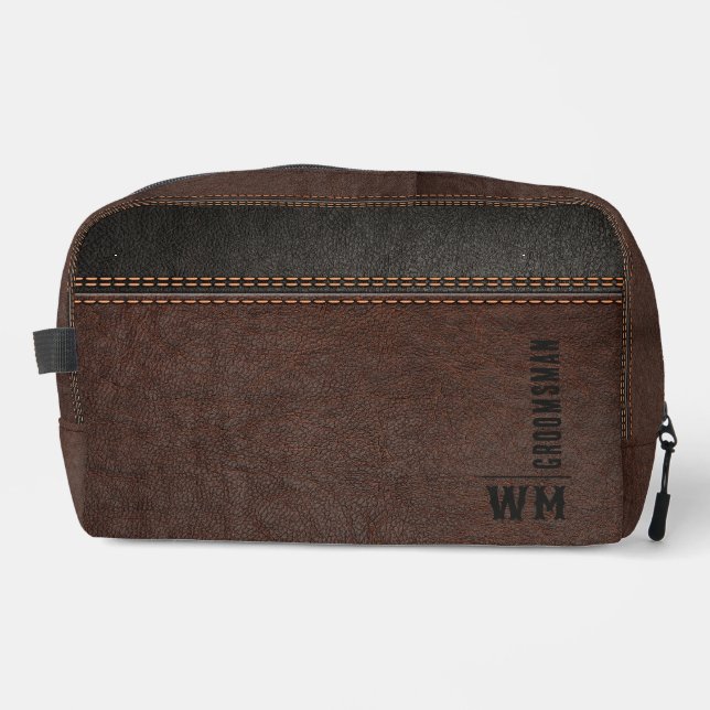Brown Faux Leather Monogram Groomsman Gift Dopp Kit (Front)