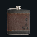 Brown Faux Leather Monogram Groomsman Gift Hip Flask<br><div class="desc">Introducing our stylish hip flask from our groomsman gift collection! Crafted with the finest brown and black stitched faux leather, this hip flask is the epitome of modern elegance with a vintage touch. Perfectly designed as a personalized groomsmen gift, this hip flask comes with a monogram of their initials in...</div>