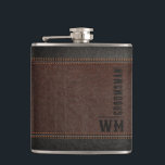 Brown Faux Leather Monogram Groomsman Gift Hip Flask<br><div class="desc">Introducing our stylish hip flask from our groomsman gift collection! Crafted with the finest brown and black stitched faux leather, this hip flask is the epitome of modern elegance with a vintage touch. Perfectly designed as a personalized groomsmen gift, this hip flask comes with a monogram of their initials in...</div>