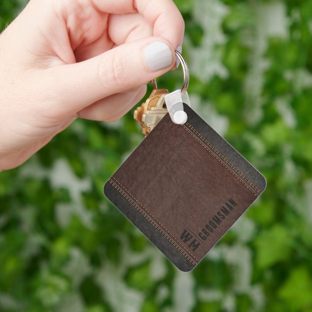 Brown Faux Leather Monogram Groomsman Gift Keychain (Hand)