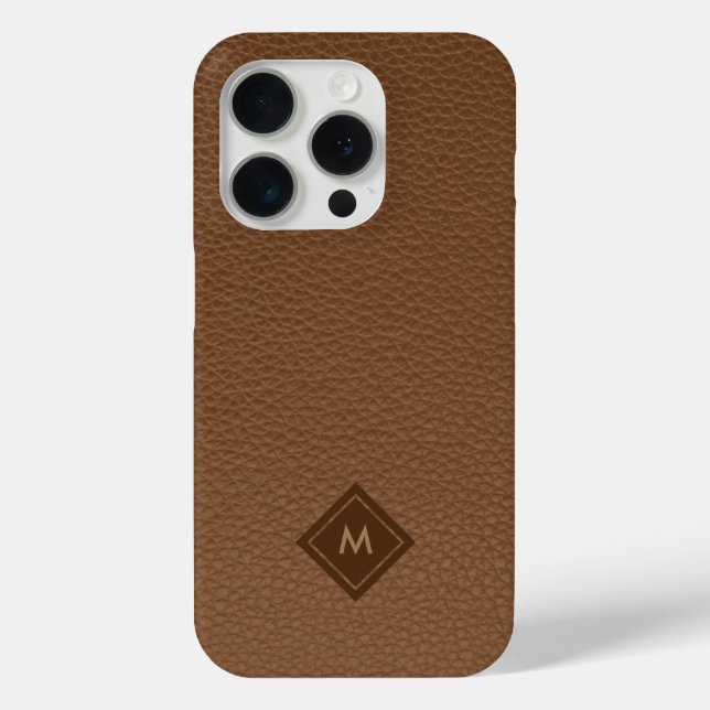 Brown Faux Leather Texture Monogram Case-Mate iPhone Case (Back)