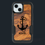 Brown Faux Wood & Black Nautical Boat Anchor iPhone 15 Case<br><div class="desc">Vintage black nautical boat anchor illustration on rustic faux brown wood texture print. Customizable monogram in black.</div>