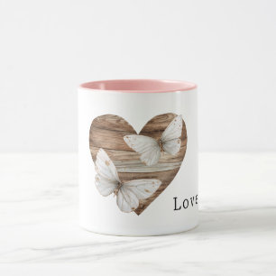 Brown Faux Wood Heart White Butterflies Love Mug