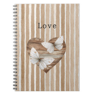 Brown Faux Wood Heart White Butterflies Love Notebook