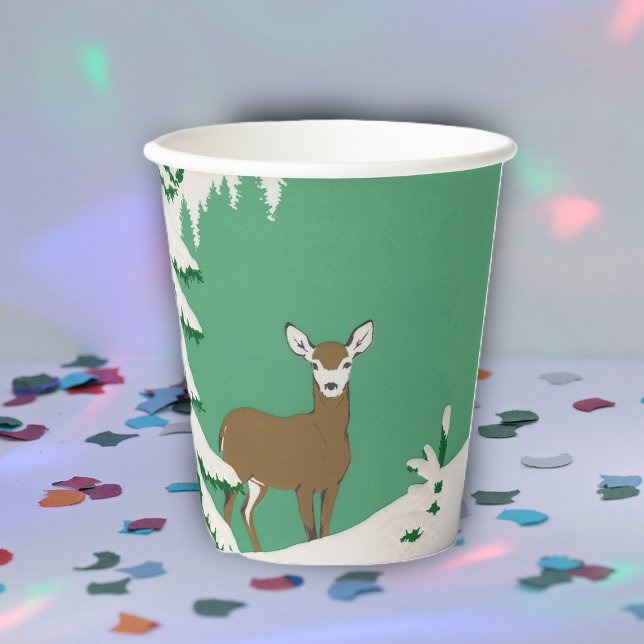 Brown Female Deer in Snow Pine Tree Mint Green Paper Cups (Brown female deer in snow by pine tree on mint green party paper cup.)