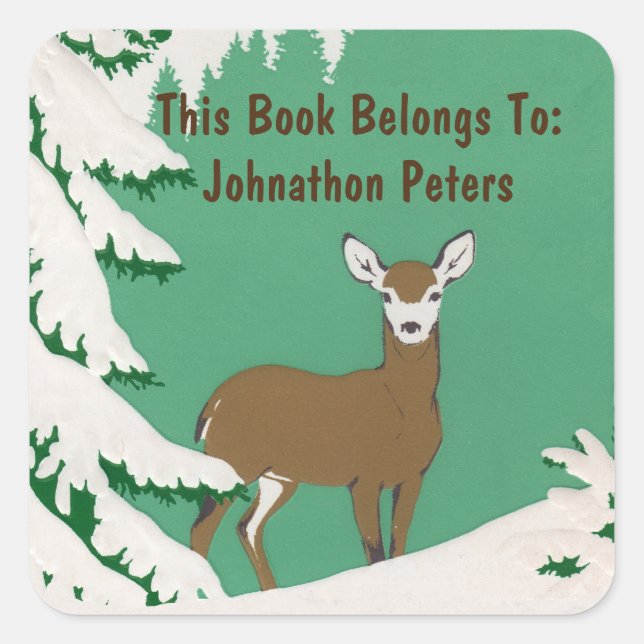 Brown Female Deer Pine Tree Snow Mint Green Square Sticker (Front)