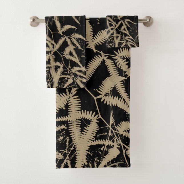 Brown fern wit black background throw pillow bath towel set (Insitu)