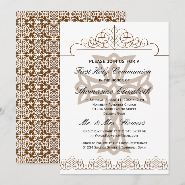 Brown First Holy Communion Cross Invitations (Front/Back)