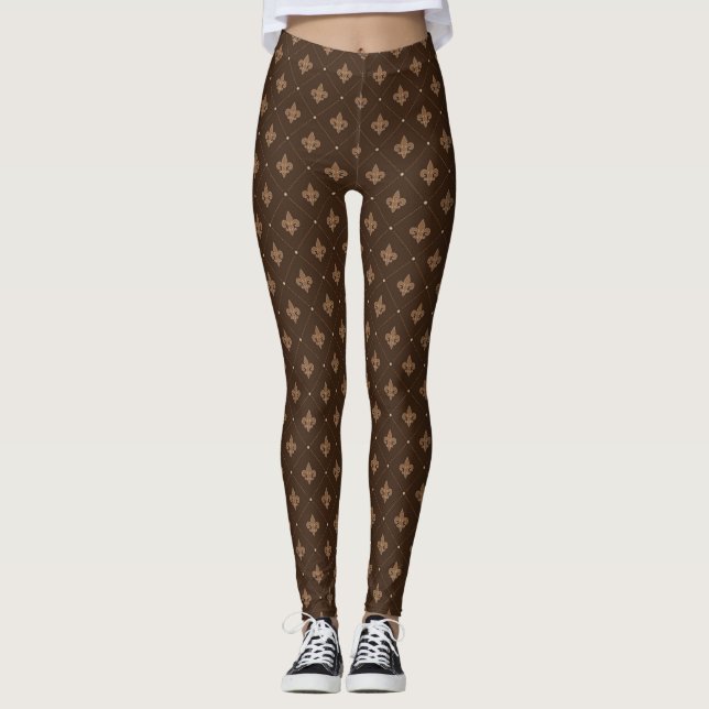 Brown Fleur De Lis French Damask Pattern Leggings (Front)
