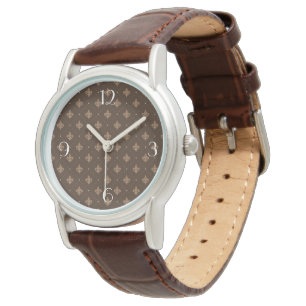 Brown Fleur De Lis French Damask Pattern Watch