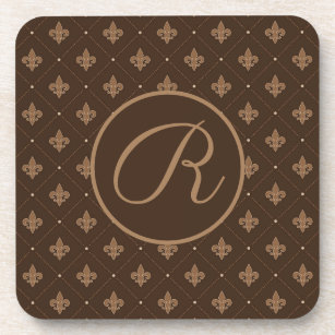 Brown Fleur De Lis French Damask Pattern With Name Coaster