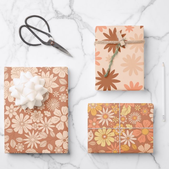 Brown Floral Beautiful Flower Garden Wrapping Paper Sheet (Front)