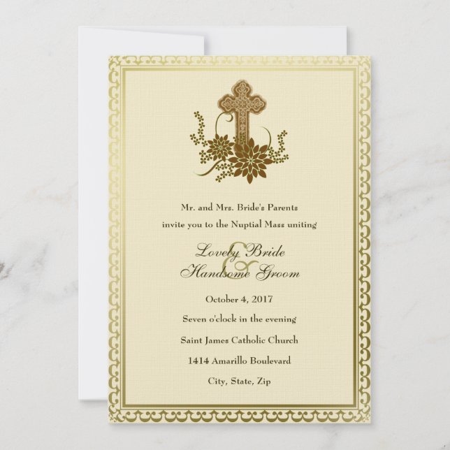 Brown Floral Cross Faire-part de mariage catholiqu (Devant)