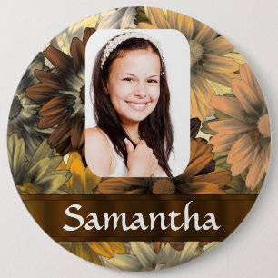 Brown floral personalized photo template 6 inch round button
