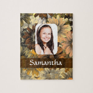 Brown floral personalized photo template jigsaw puzzle