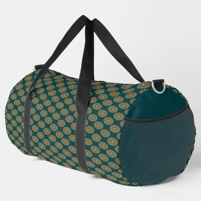 Brown floral print on green duffle bag (Right Corner)