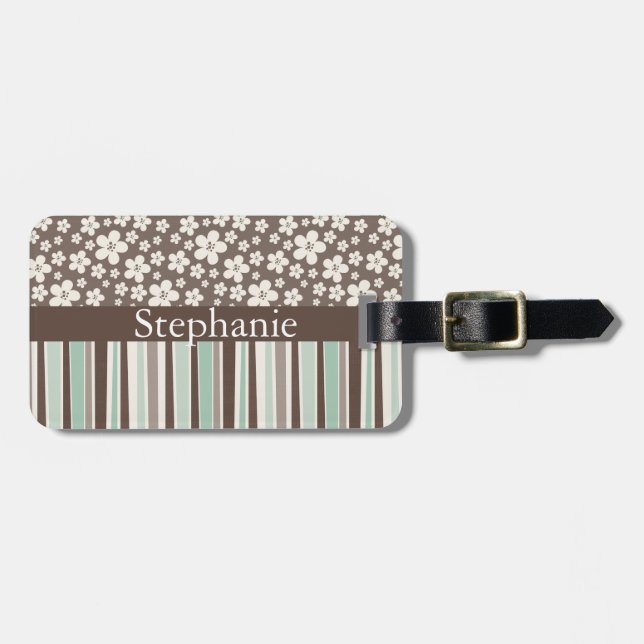Brown Floral Stripe Customizable Luggage Tag (Front Horizontal)