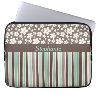 Brown Floral Stripe Personalized Laptop Sleeve
