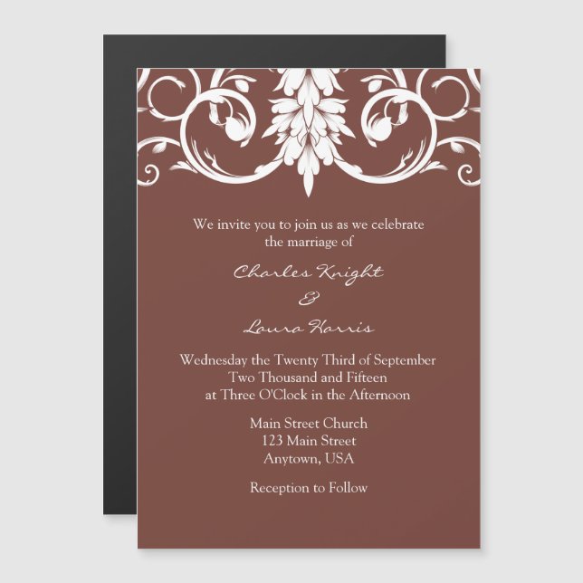 Brown Floral Swirls Magnetic Wedding Invites (Front/Back)