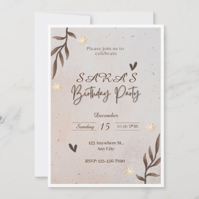 Brown Floral Watercolor Leaves Birthday Invitation (Front)