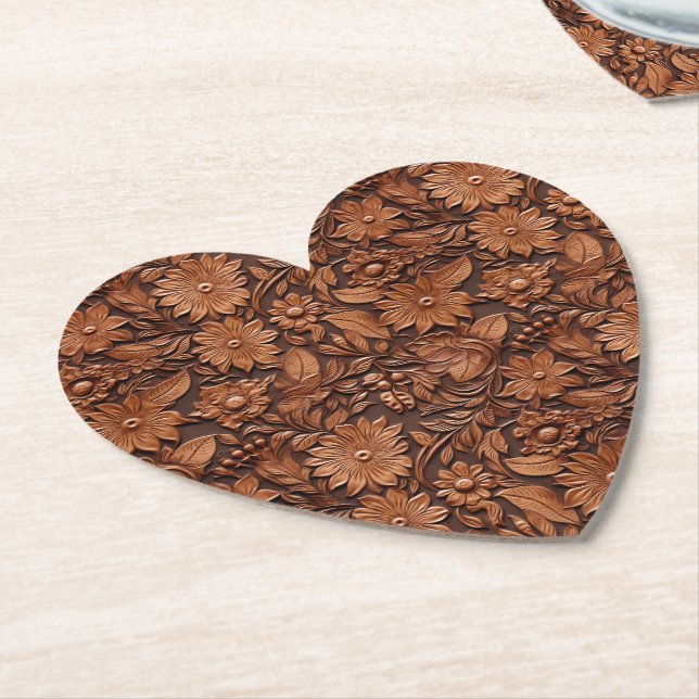 Brown Floral Western Faux Leather Paper Coaster (Angled)