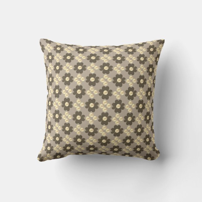 Brown Flowers and Dots on Beige Throw Pillow (Back)