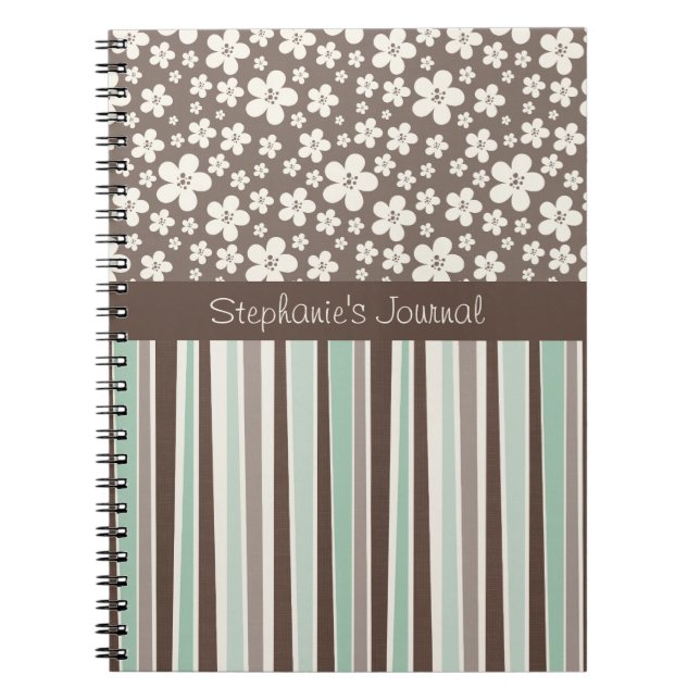 Brown Flowers and Stripes Personalized Notebook (Front)