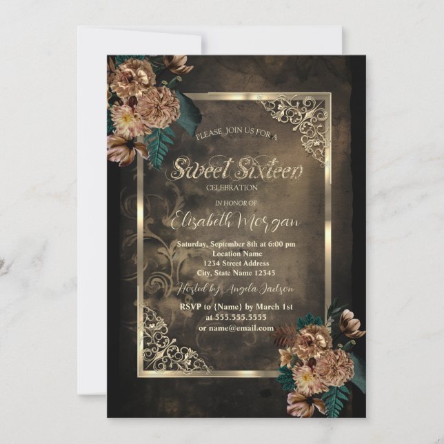 Brown Flowers Gold Frame Gothic Sweet 16 Invitation (Front)