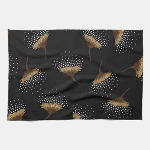 Brown flowers, seamless black background. kitchen towel