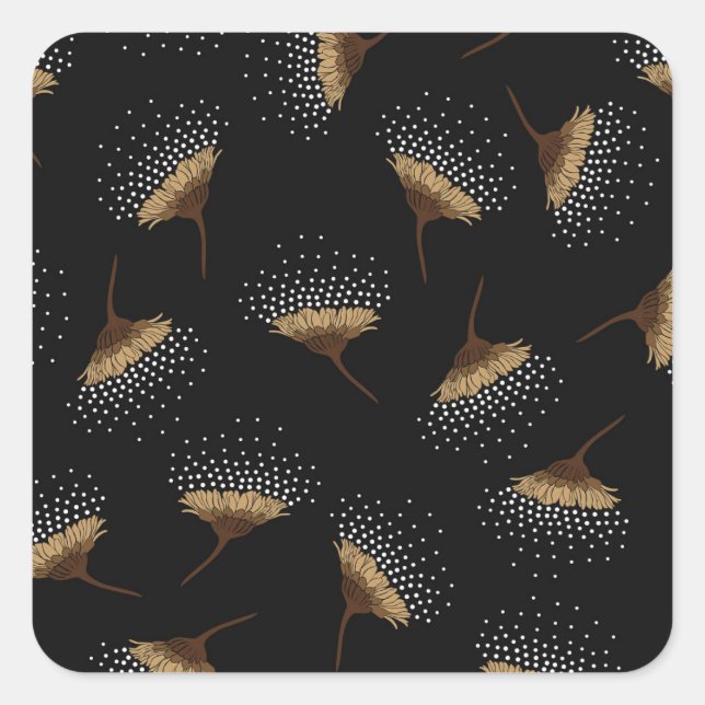 Brown flowers, seamless black background. square sticker (Front)