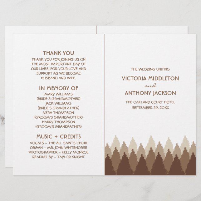 Brown Forest Range Woodland Wedding Programme (Devant / Derrière)