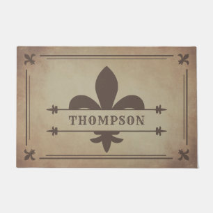 Brown Foxed Edges Fleur de Lis Custom Name Doormat