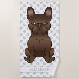 Brown French Bulldog / Frenchie Cartoon Dog & Name Beach Towel
