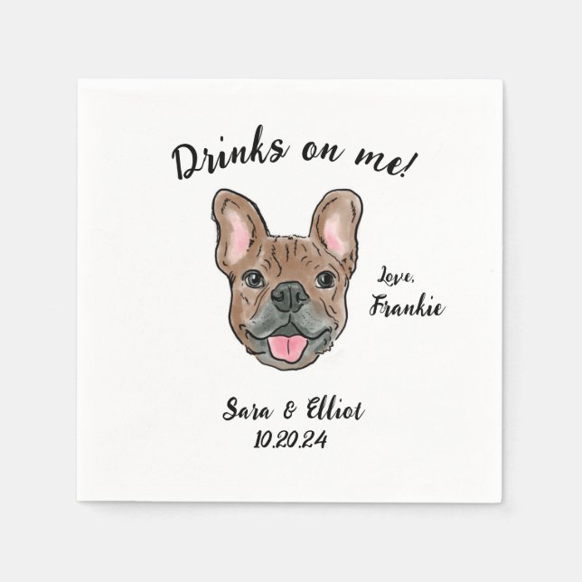 Brown French Bulldog Wedding Cocktail Napkin (Front)